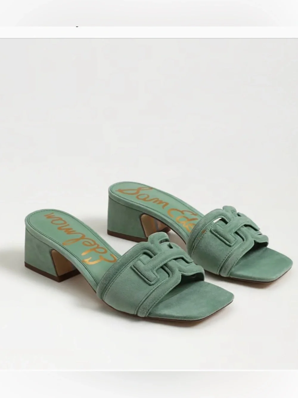 Sam Edelman 7.5 Waylon Garden Green Suede Block Heel Mules Slides Sandals - Picture 2 of 10
